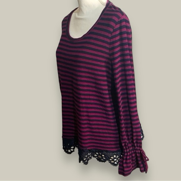 Crown & Ivy Navy Striped Lace Trimmed Pullover Top - Picture 3 of 10